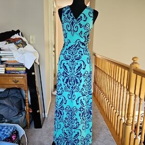 Green and Blue Sleeveless V-Neck Sheath Maxi Dress